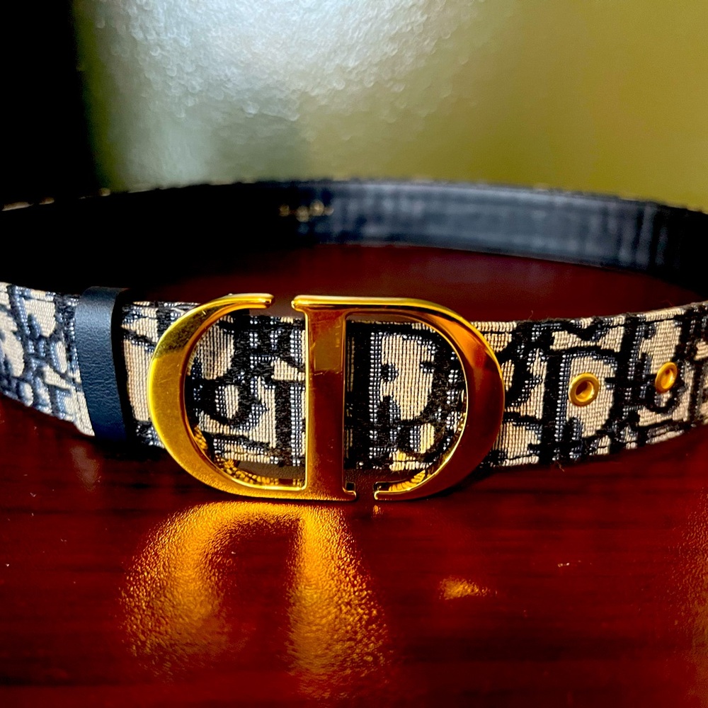 Christian Dior Beige and Blue Oblique Jacquard Belt. Gold tone hardware.
